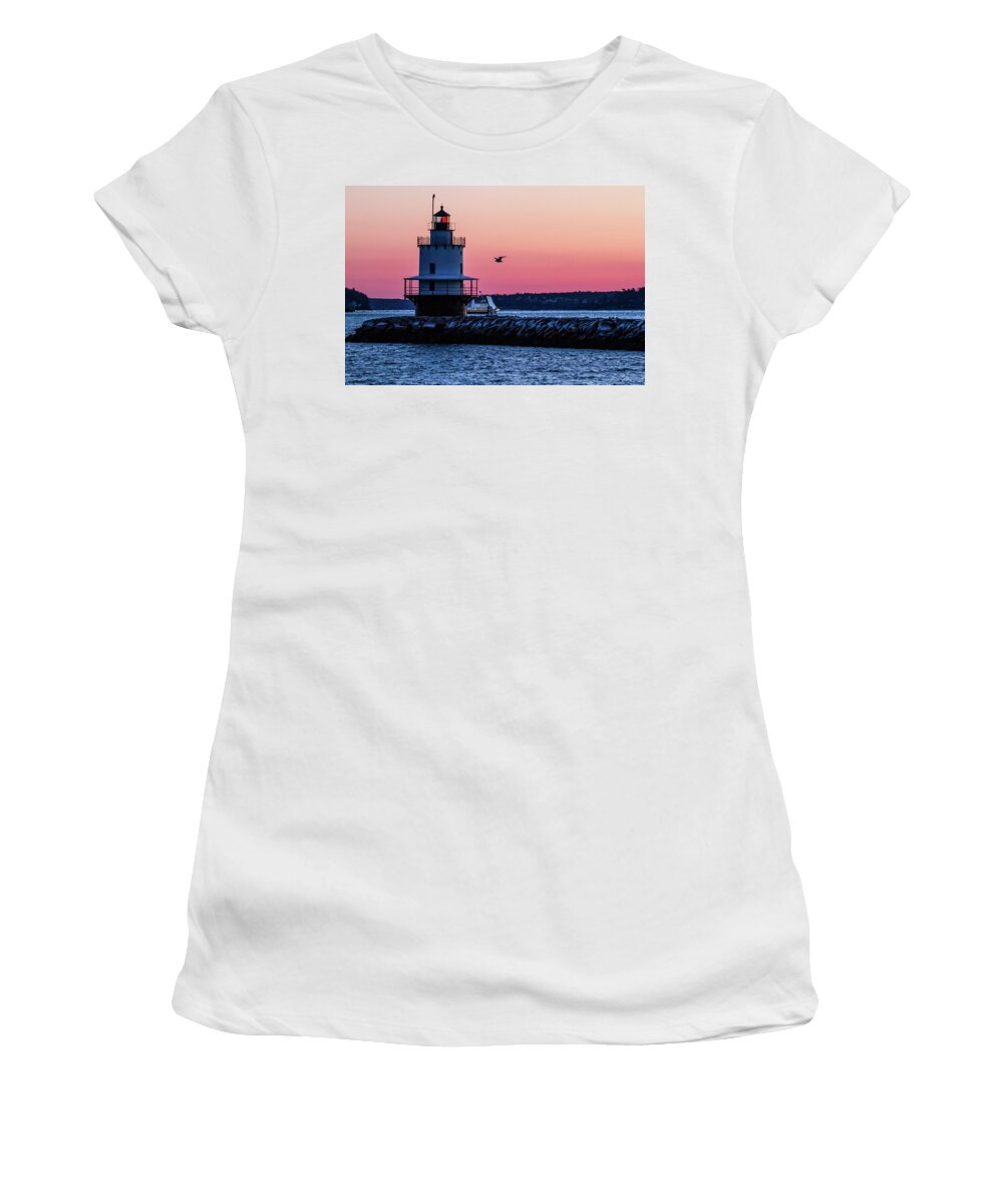 Spring Point Ledge Lighthouse Women's T-Shirt featuring the photograph Sun Rise at Spring Point by Darryl Hendricks