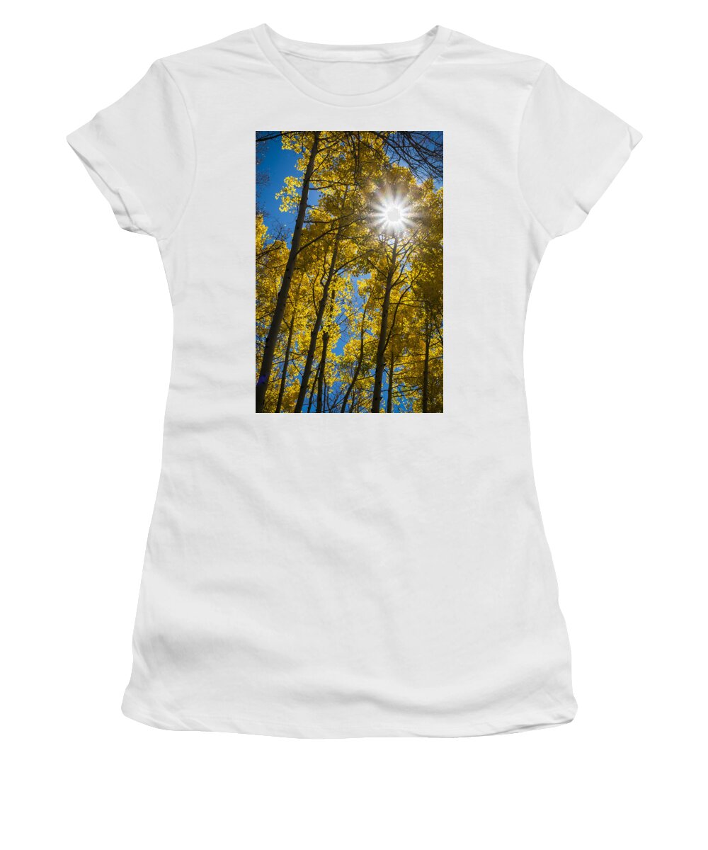 Scenics Women's T-Shirt featuring the photograph Sunburst in Golden Aspen by Mary Lee Dereske