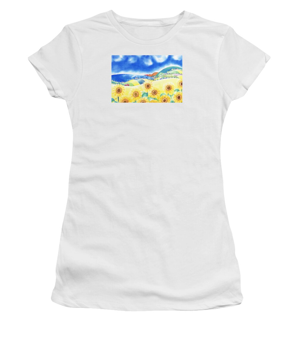 Sunflower Women's T-Shirt featuring the painting Sunflower hills by Hisayo OHTA