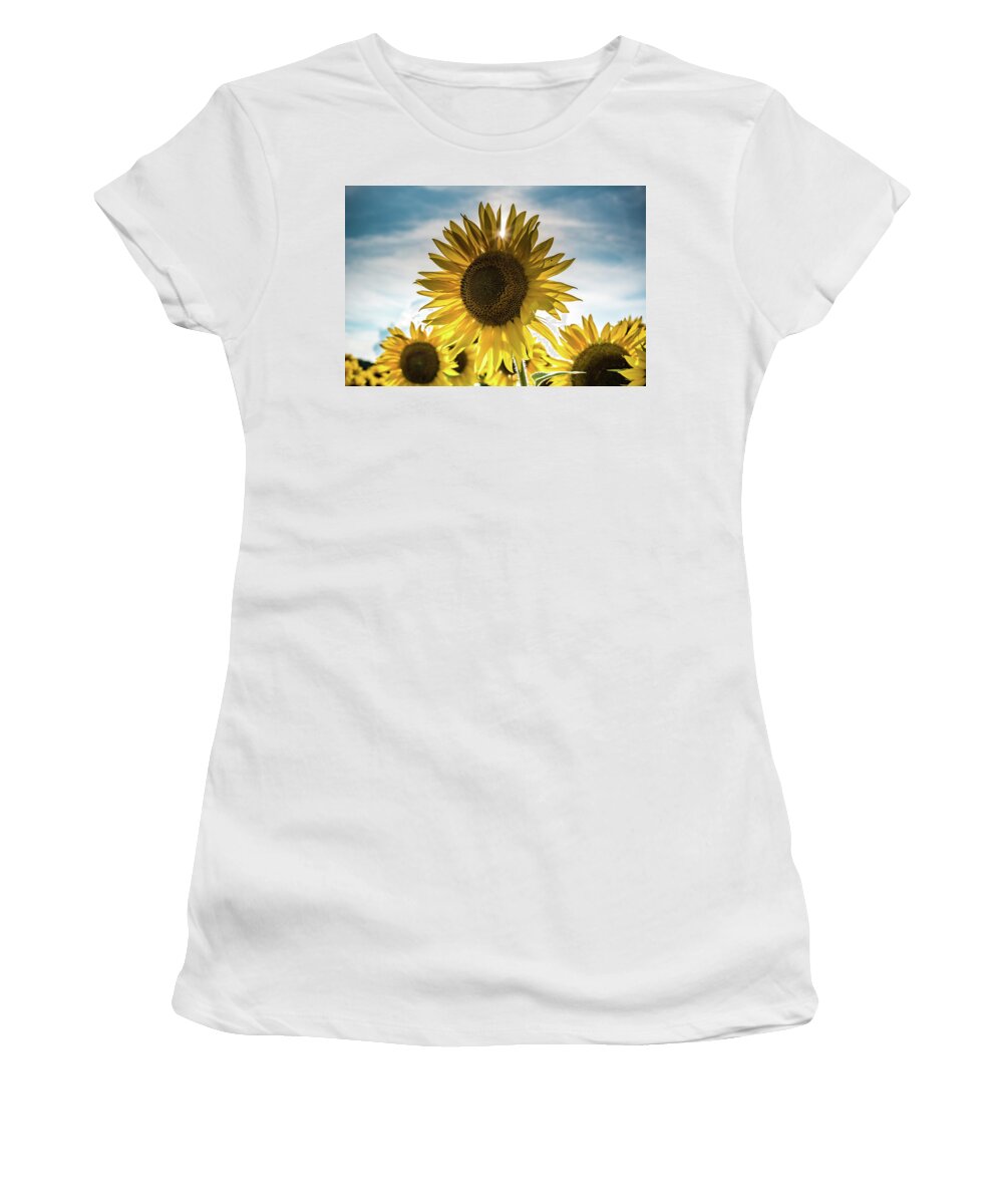 Field Women's T-Shirt featuring the photograph Sunflower With Sun Peaking Through by Anthony Doudt