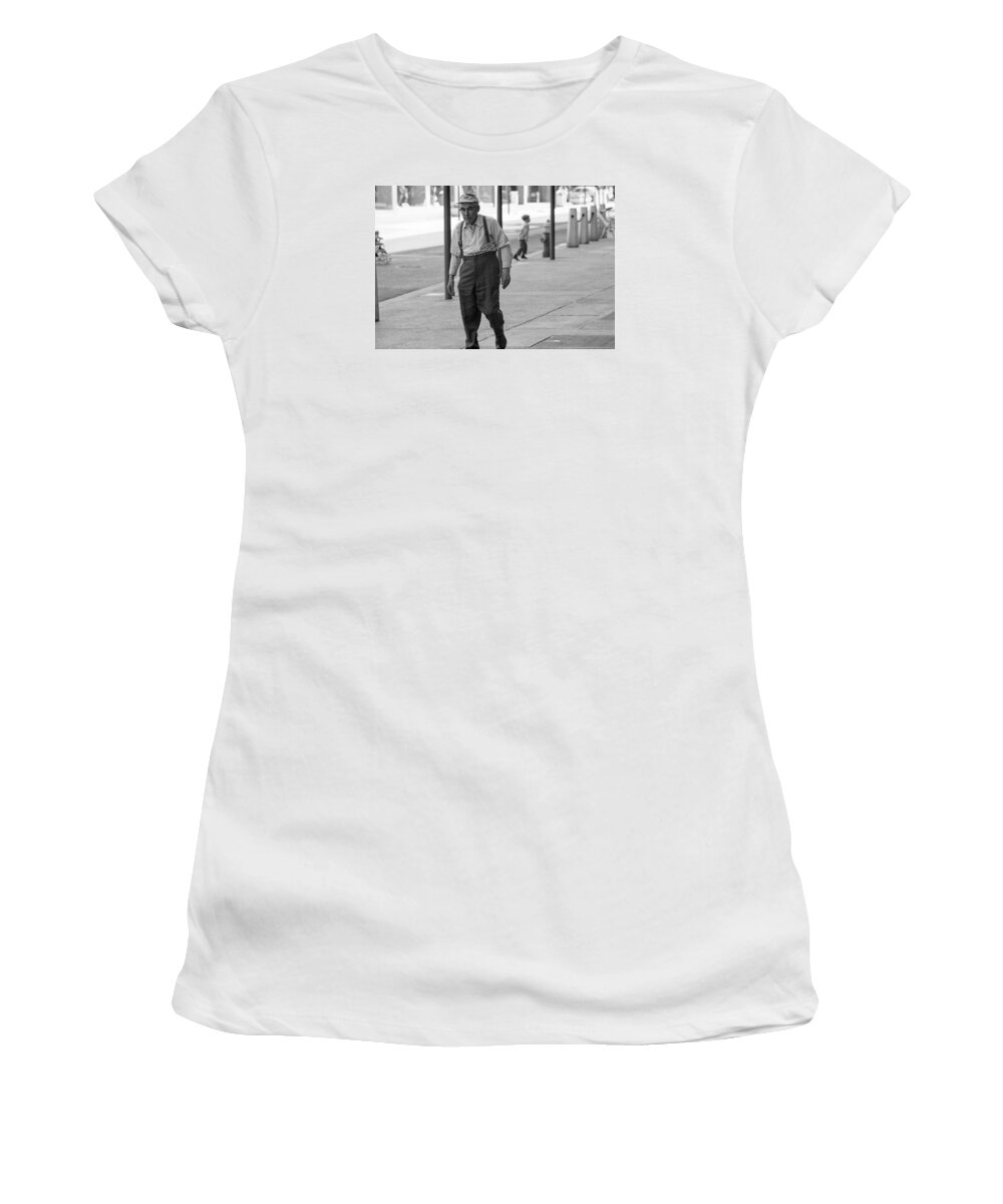 Actions Women's T-Shirt featuring the photograph Suspenders by Mike Evangelist