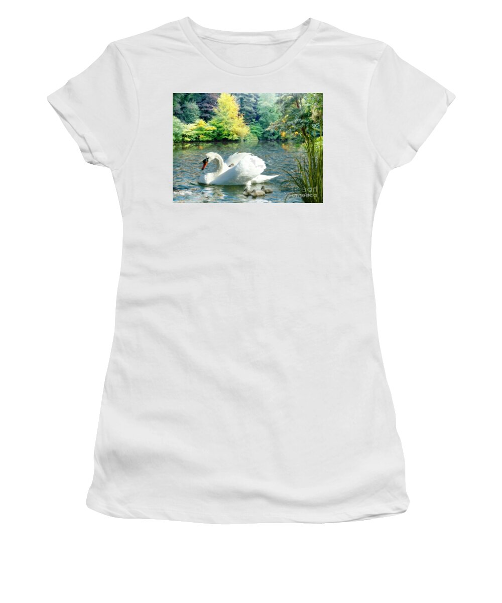 Swan Women's T-Shirt featuring the pyrography Swan and Cygnets by Morag Bates