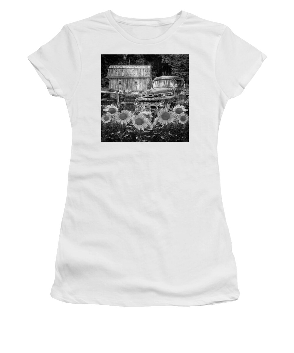1940s Women's T-Shirt featuring the photograph Take us for a Ride in the Sunflower Patch Black and White by Debra and Dave Vanderlaan