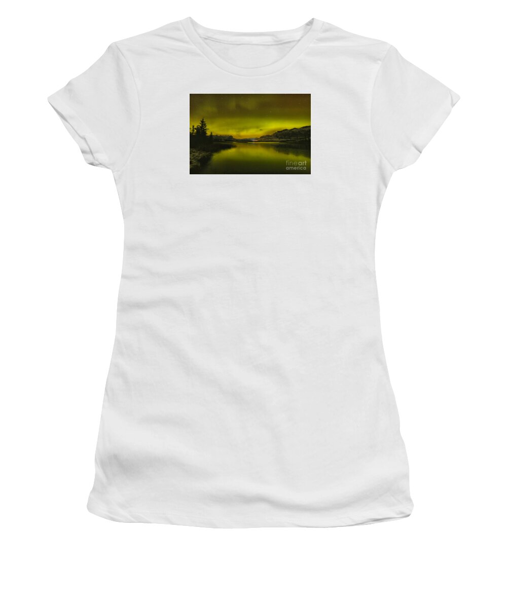 Northern Lights Women's T-Shirt featuring the photograph Talbot Lake Aurora Borealis by Adam Jewell