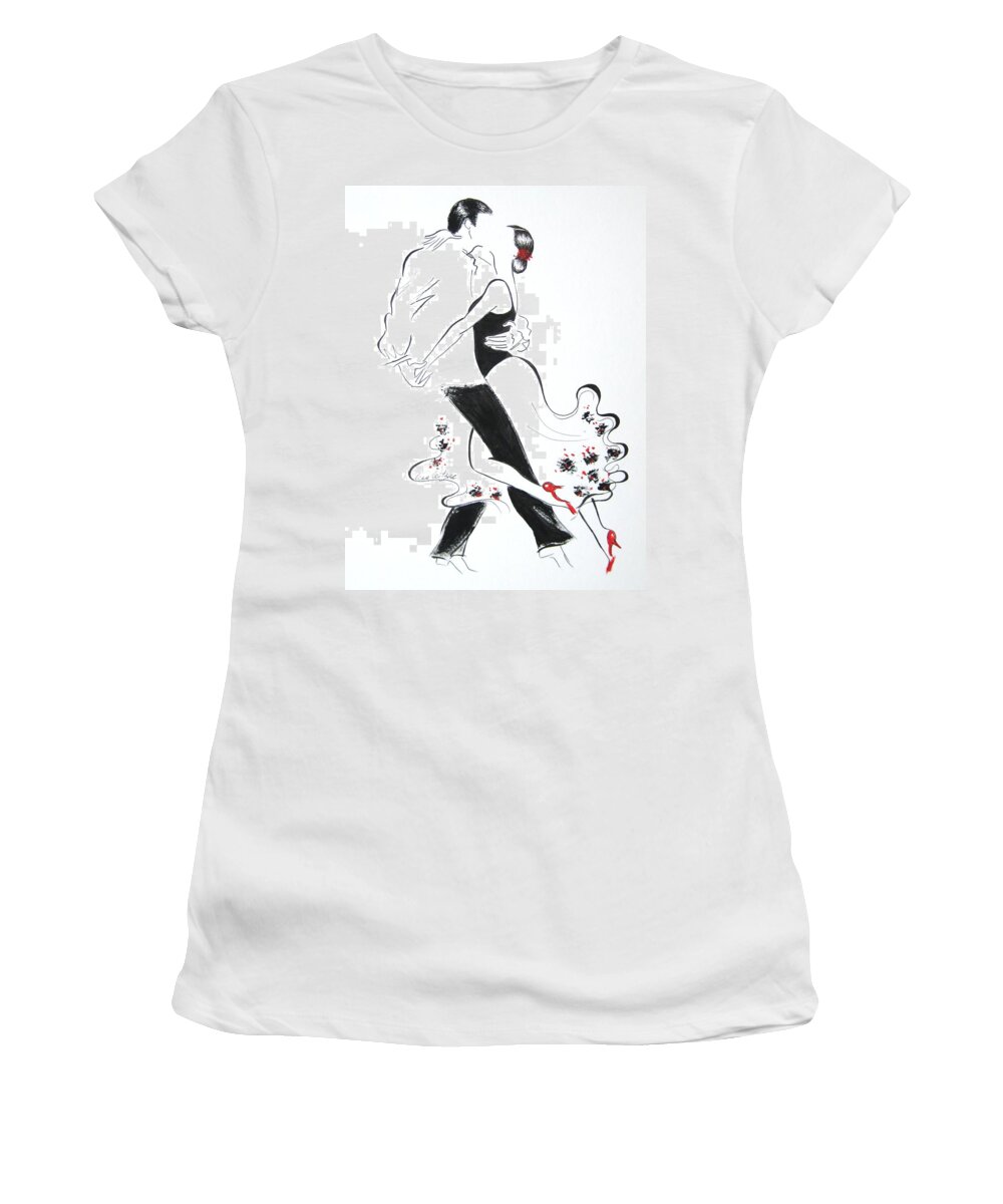 Tango Couple Romance Love Passion Black And White Flowers Red Shoes Sensual Dance Love Forever Women's T-Shirt featuring the painting Tango 6 by Lena Leitzke