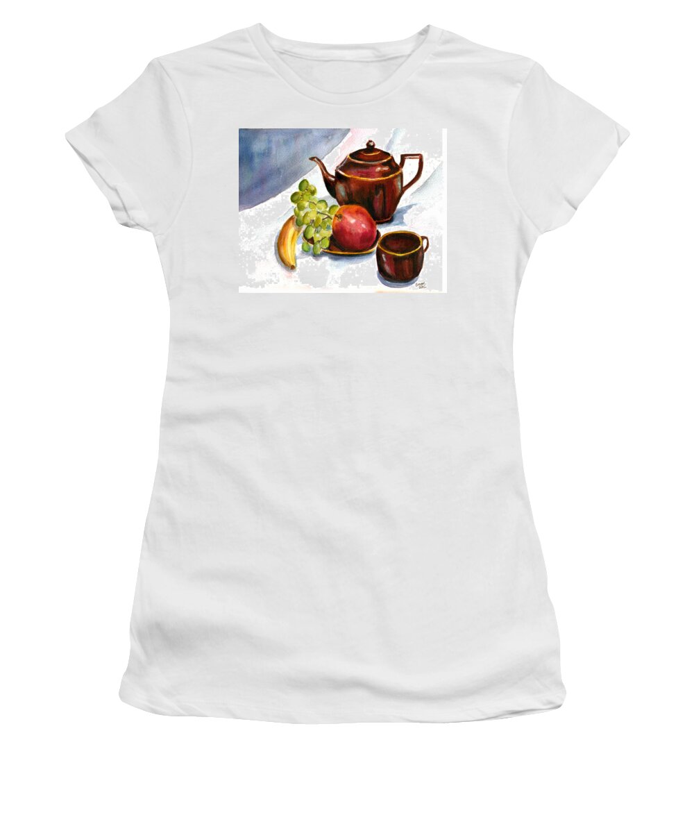 Teapot Women's T-Shirt featuring the painting Tea and Fruit by Clara Sue Beym