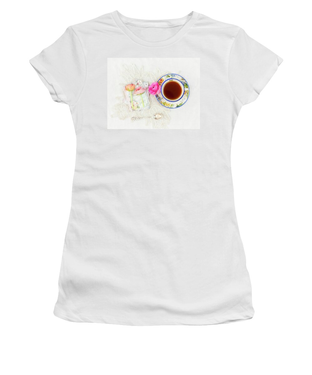 Tea Women's T-Shirt featuring the photograph Tea and Journals with Ranunculus by Susan Gary