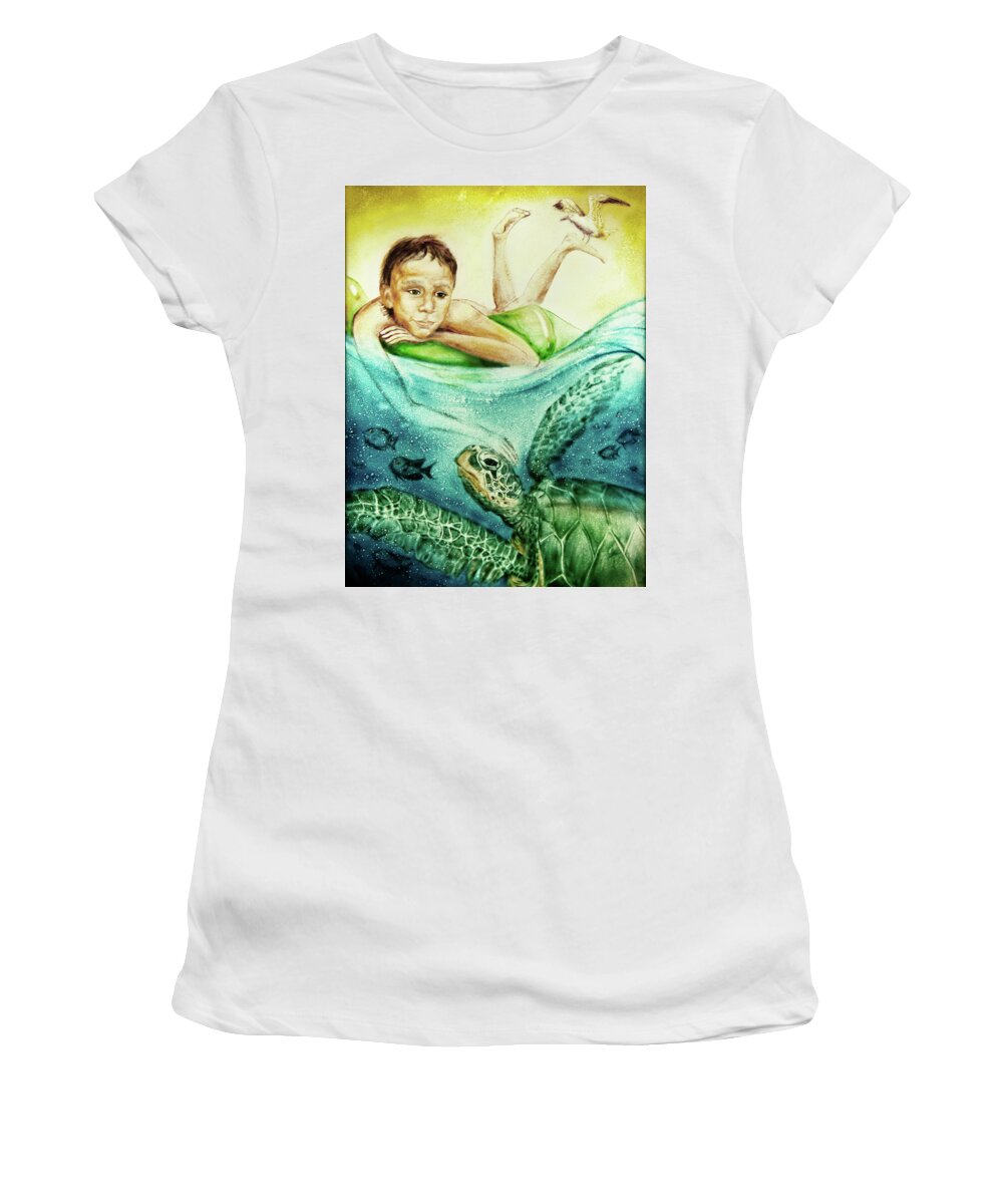 Russian Artists New Wave Women's T-Shirt featuring the painting The Boy and the Turtle by Elena Vedernikova