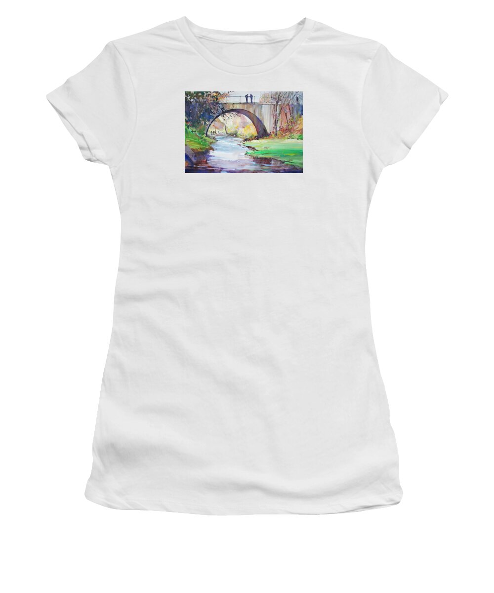 Leaves Women's T-Shirt featuring the painting The Bridge Over Brewster Garden by P Anthony Visco