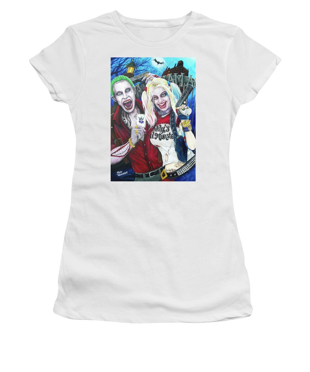 The Joker Women's T-Shirt featuring the painting The Joker and Harley Quinn by Michael Vanderhoof