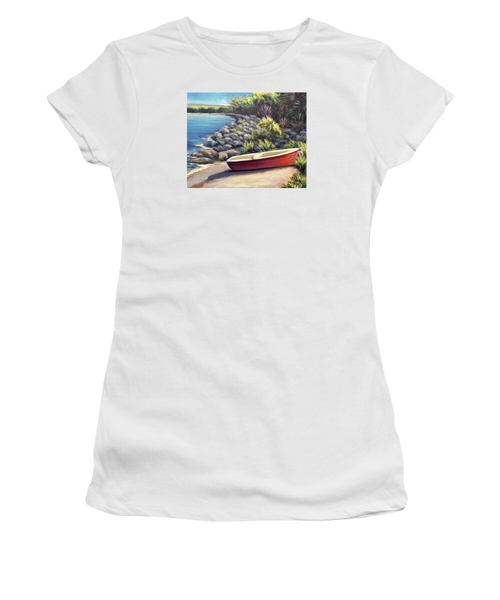 Red Women's T-Shirt featuring the painting The Little Red Boat by Gretchen Ten Eyck Hunt