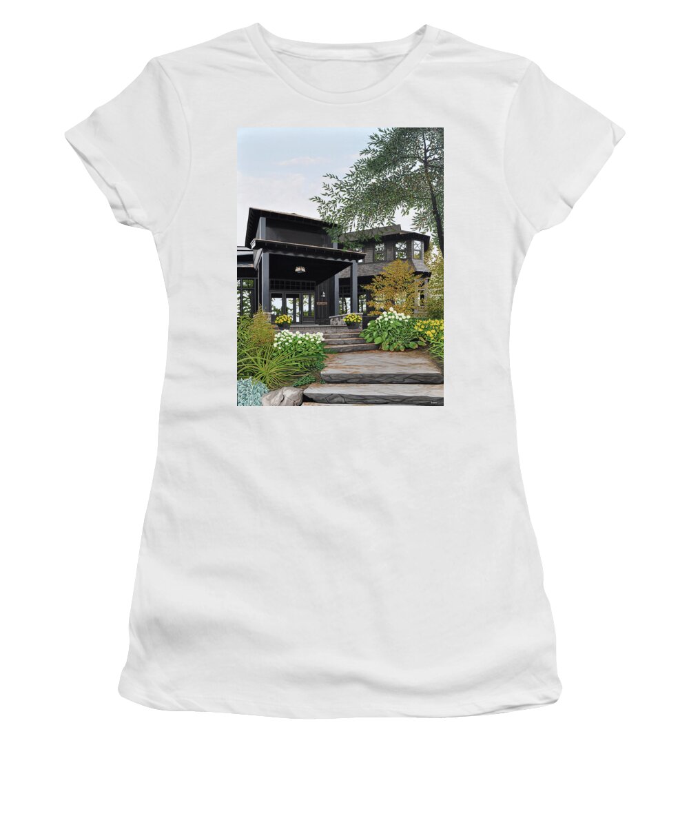 Muskoka Women's T-Shirt featuring the painting The Lodge at Fawn Island by Kenneth M Kirsch