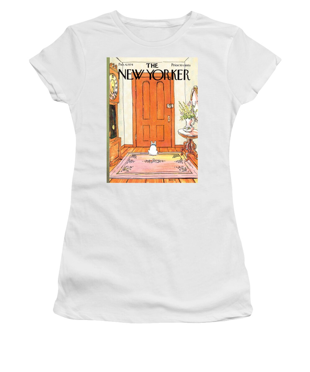 Animal Dog Pet Loyal Impatience Stain Carpet Canine Waiting Master Home Front Door #condenastnewyorkercover Women's T-Shirt featuring the photograph The Long Wait by George Booth