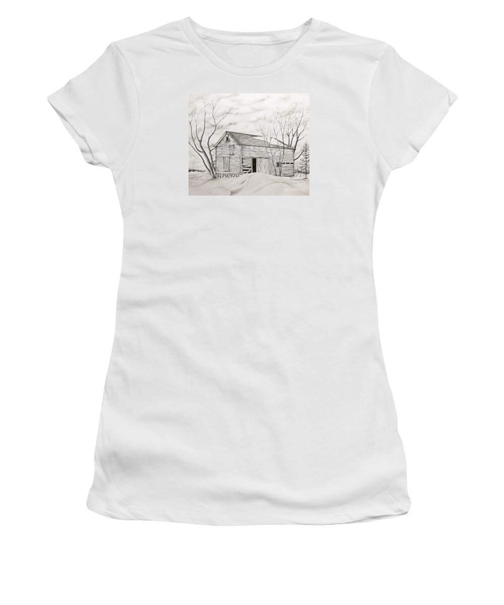 Trees Women's T-Shirt featuring the drawing The Old Barn inWinter by John Stuart Webbstock