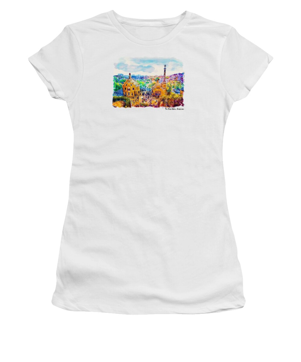 Marian Voicu Women's T-Shirt featuring the painting Park Guell Barcelona by Marian Voicu