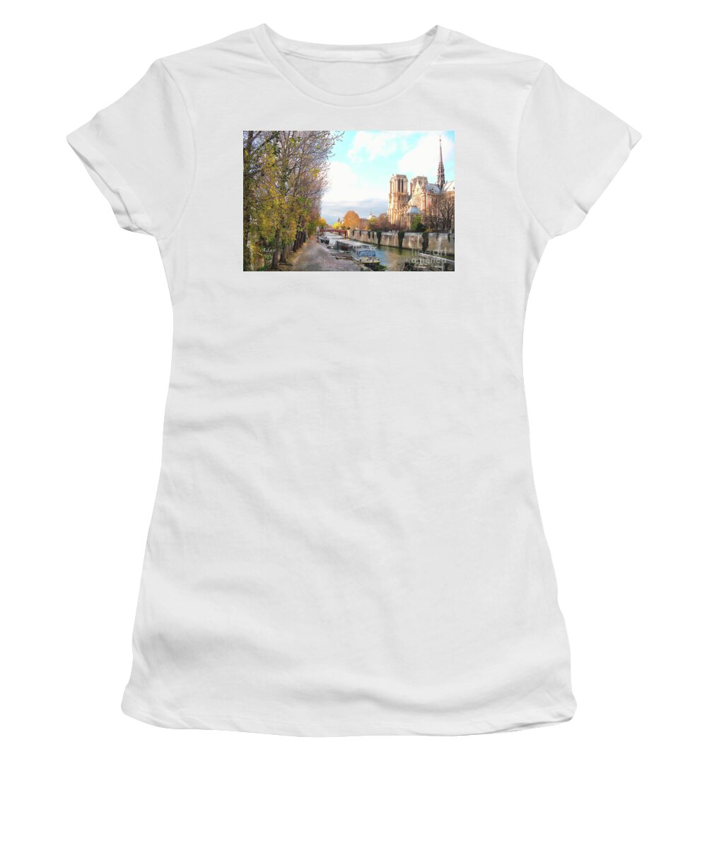 Notre Dame Women's T-Shirt featuring the photograph The Seine and Quay Beside Notre Dame, Autumn by Felipe Adan Lerma