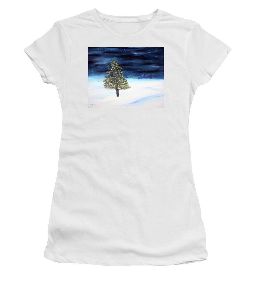 Winter Women's T-Shirt featuring the painting The Village with yellow tree lights by K R Burks