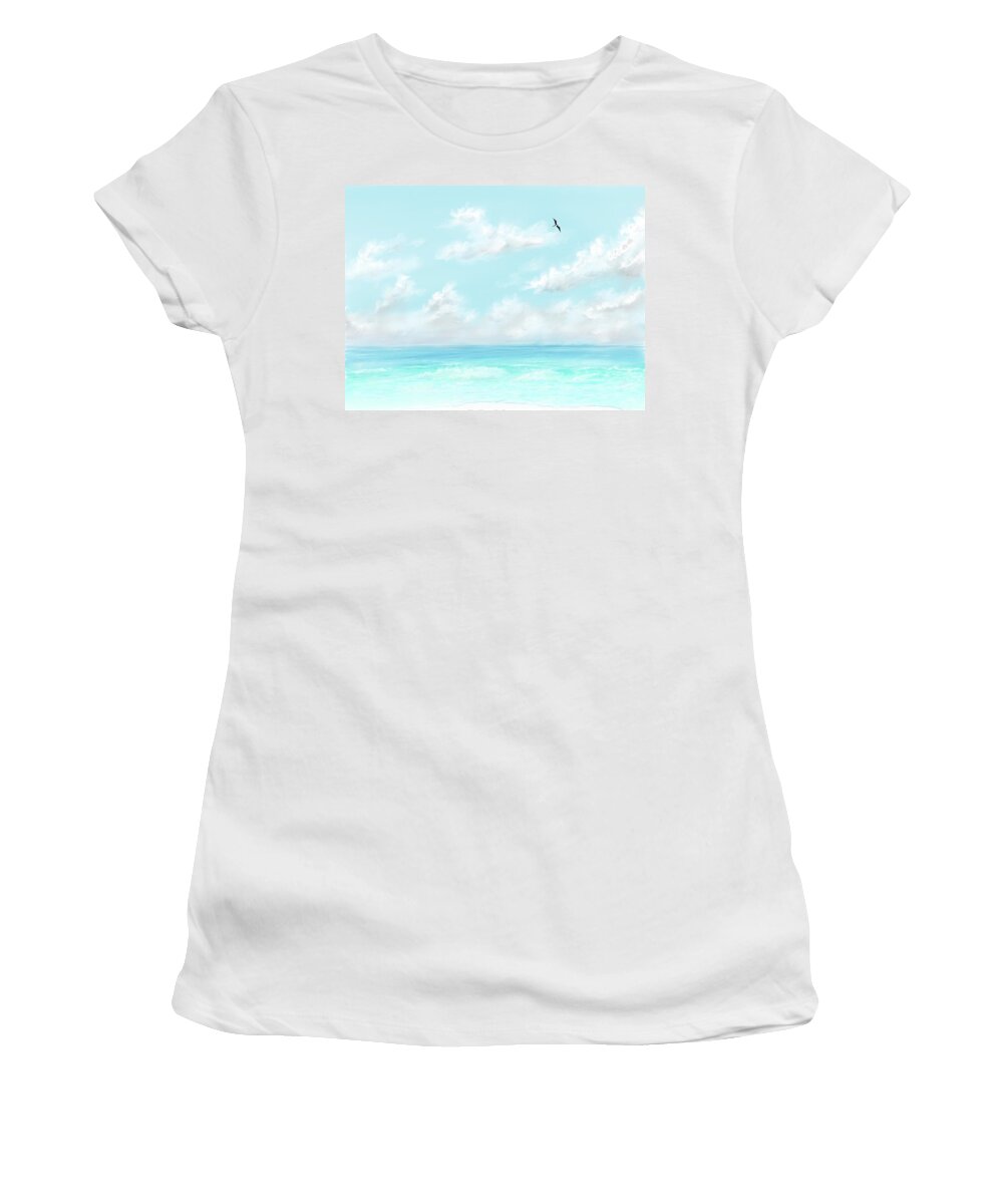 Summer Women's T-Shirt featuring the digital art The waves and bird by Darren Cannell