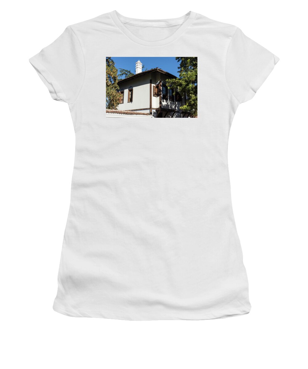 Georgia Mizuleva Women's T-Shirt featuring the photograph The White Chimney - Sun Dappled Elegant Revival House by Georgia Mizuleva