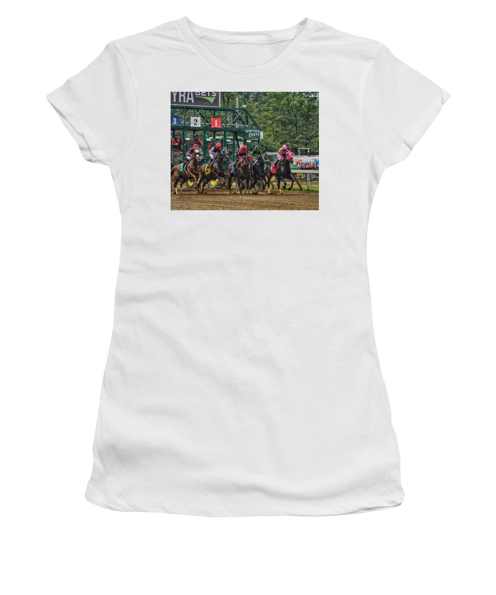 Race Horses Women's T-Shirt featuring the photograph They're Off by Jeffrey Perkins