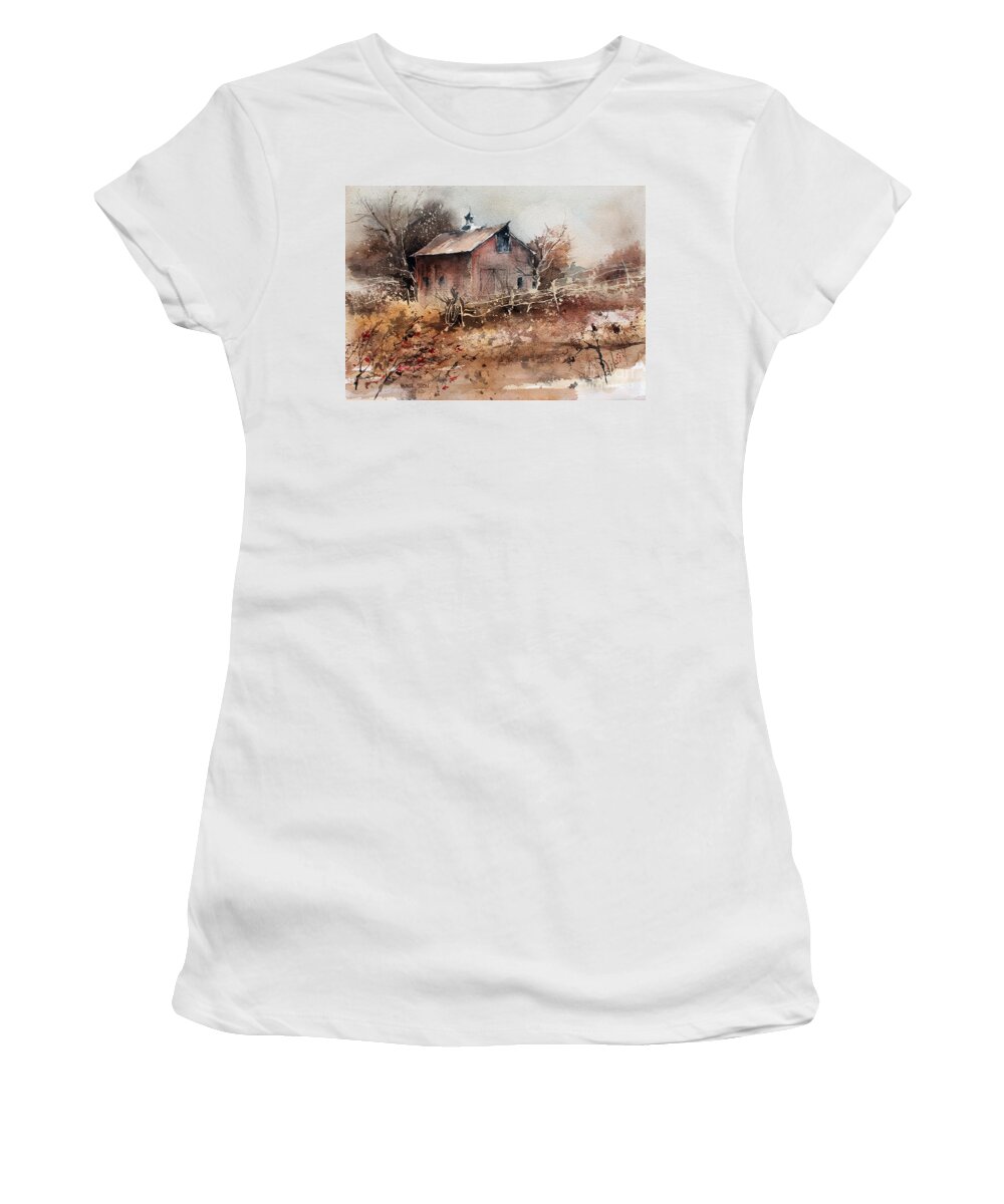 A Weathered Barn Sets In The Fields Of Autumn Color Women's T-Shirt featuring the painting Thoughts Of Autumn by Monte Toon