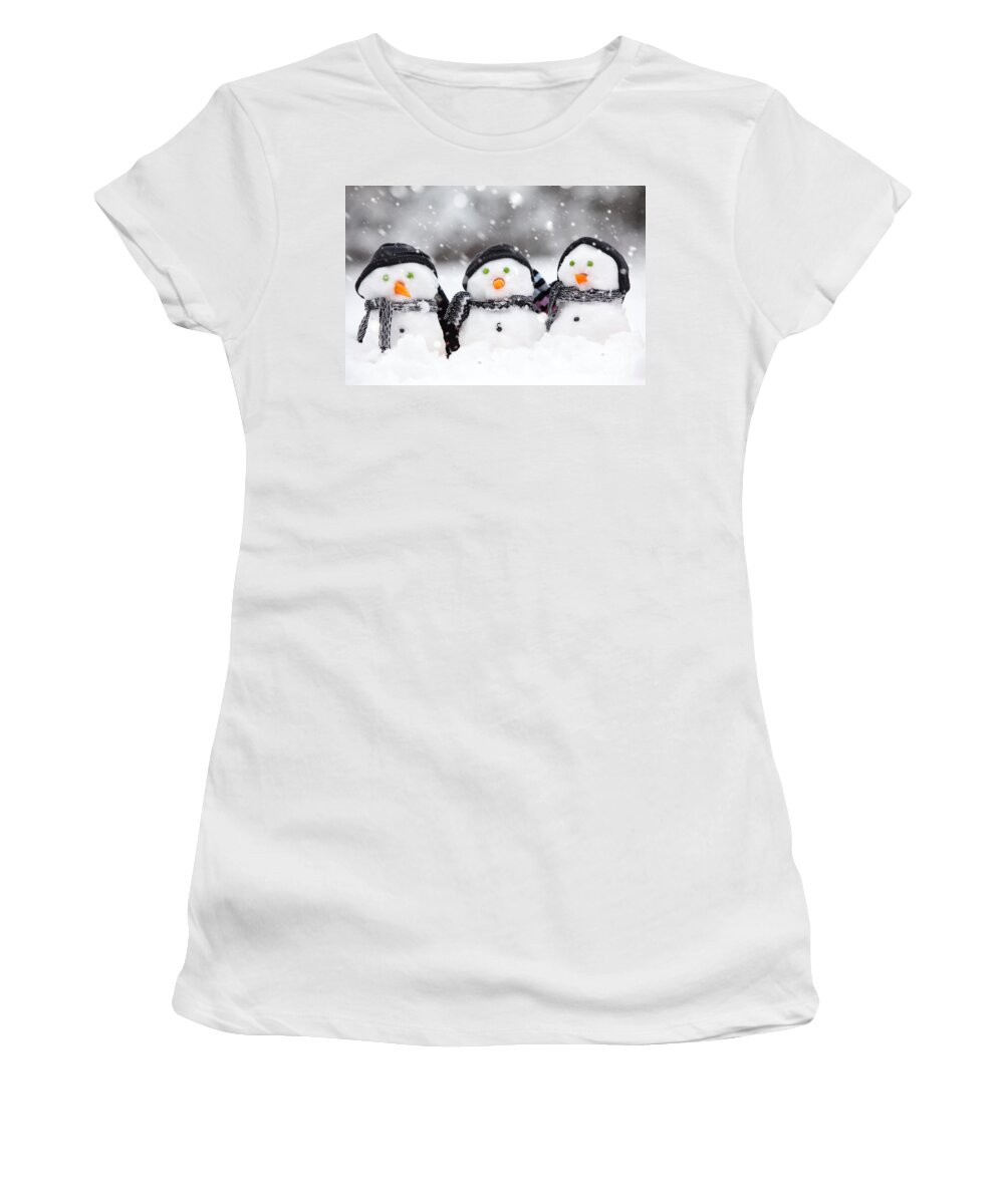 Christmas Women's T-Shirt featuring the photograph Three cute snowmen by Simon Bratt