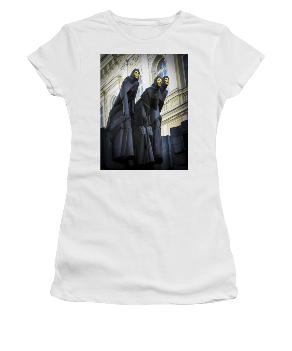 Landmarks Women's T-Shirt featuring the photograph Three Muses - Calliope Thalia and Melpomene by Mary Lee Dereske