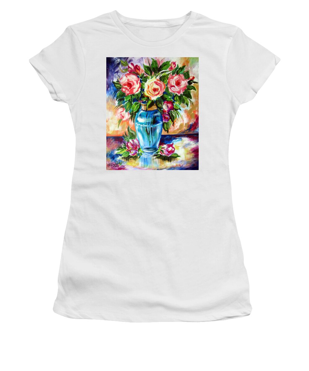 Roses Women's T-Shirt featuring the painting Three Roses in a Glass Vase by Roberto Gagliardi