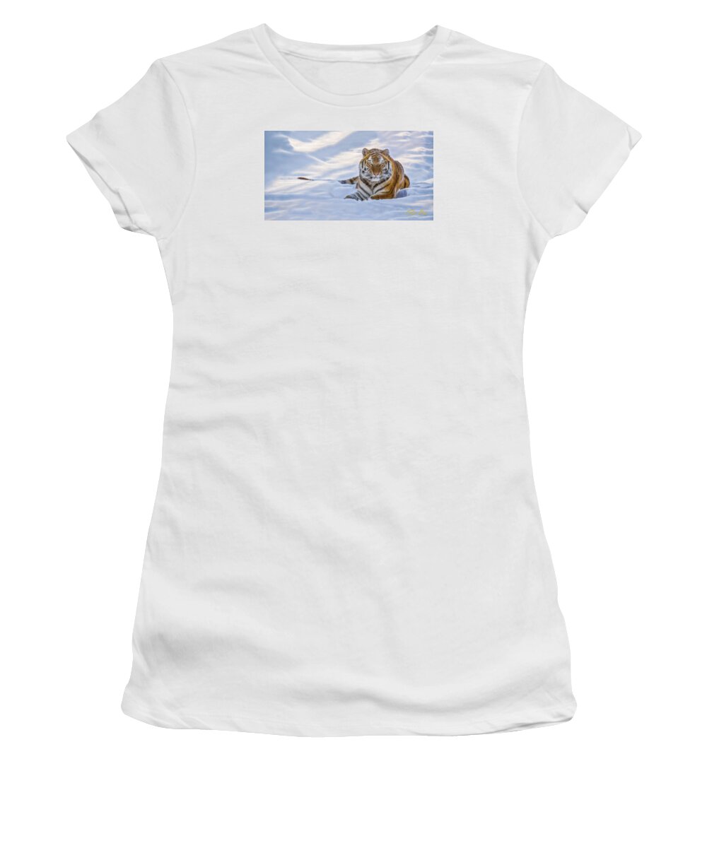 Animals Women's T-Shirt featuring the photograph Tiger in the Snow by Rikk Flohr