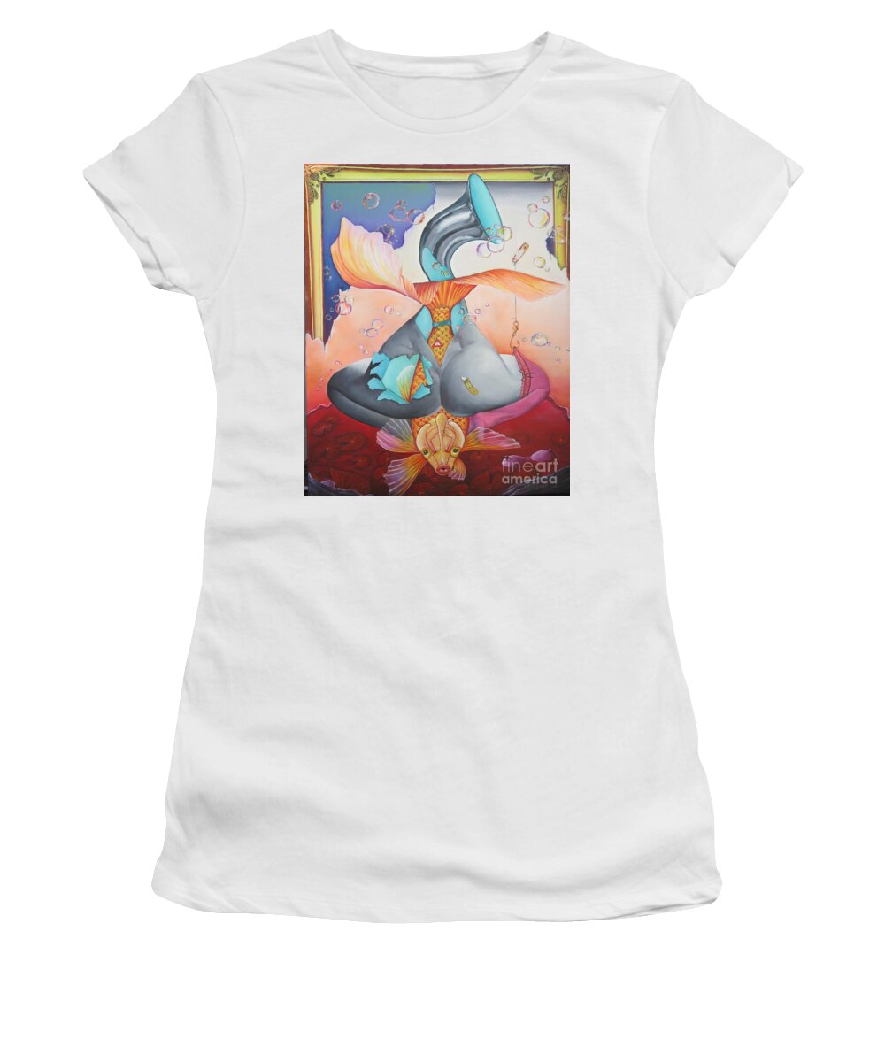 Nude Women's T-Shirt featuring the painting To the hook by Bob Ivens