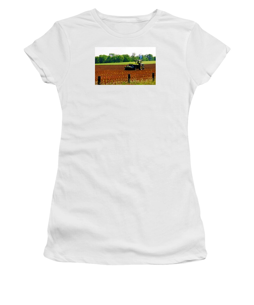 Farmlife Women's T-Shirt featuring the photograph Tobacco Planting by Sam Davis Johnson