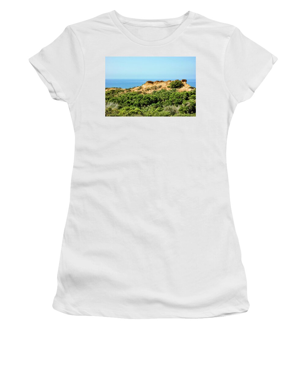 Georgia Mizuleva Women's T-Shirt featuring the painting Torrey Pines California - Chaparral on the Coastal Cliffs by Georgia Mizuleva
