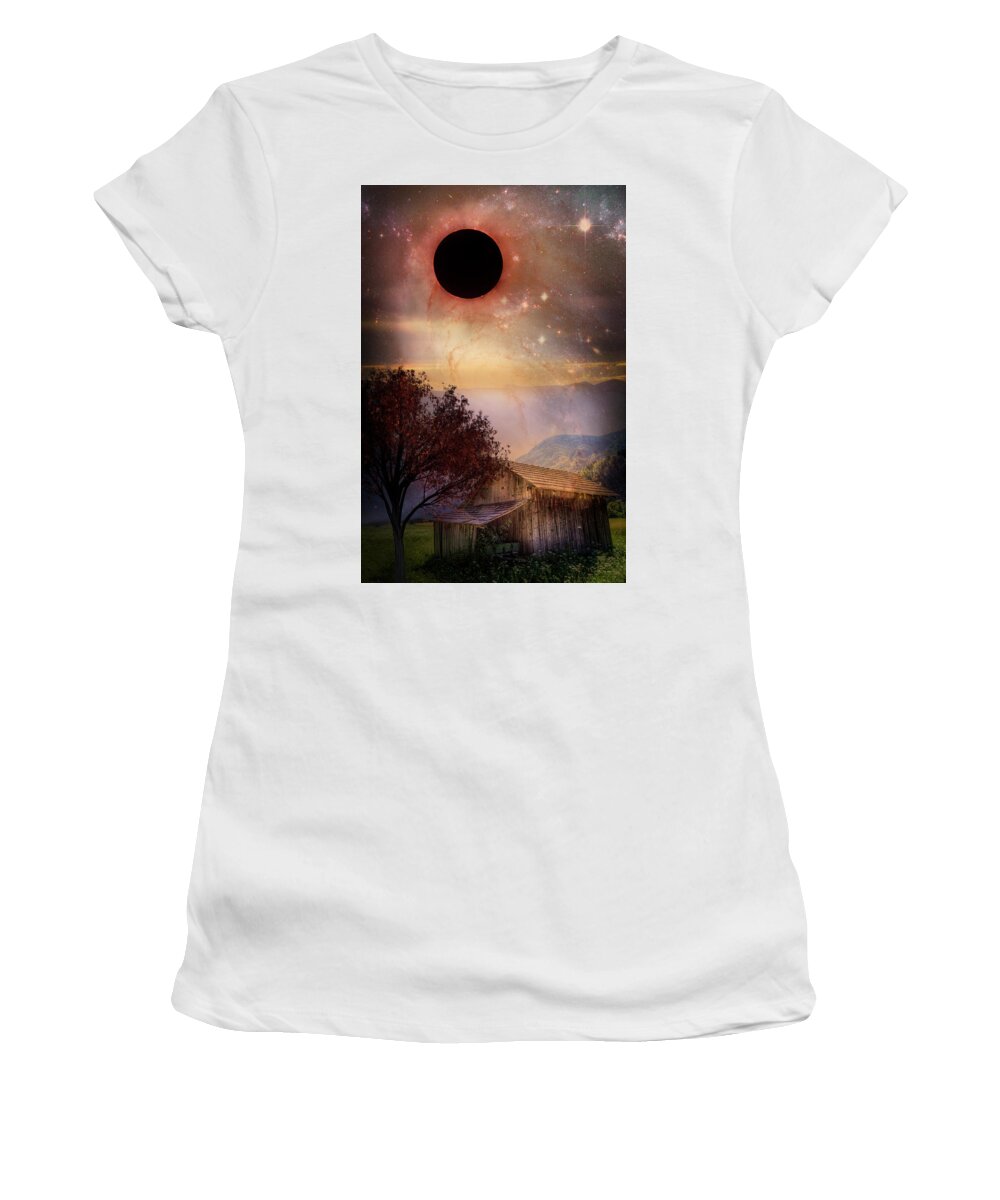 Appalachia Women's T-Shirt featuring the photograph Total Eclipse of the Sun Barn Art by Debra and Dave Vanderlaan