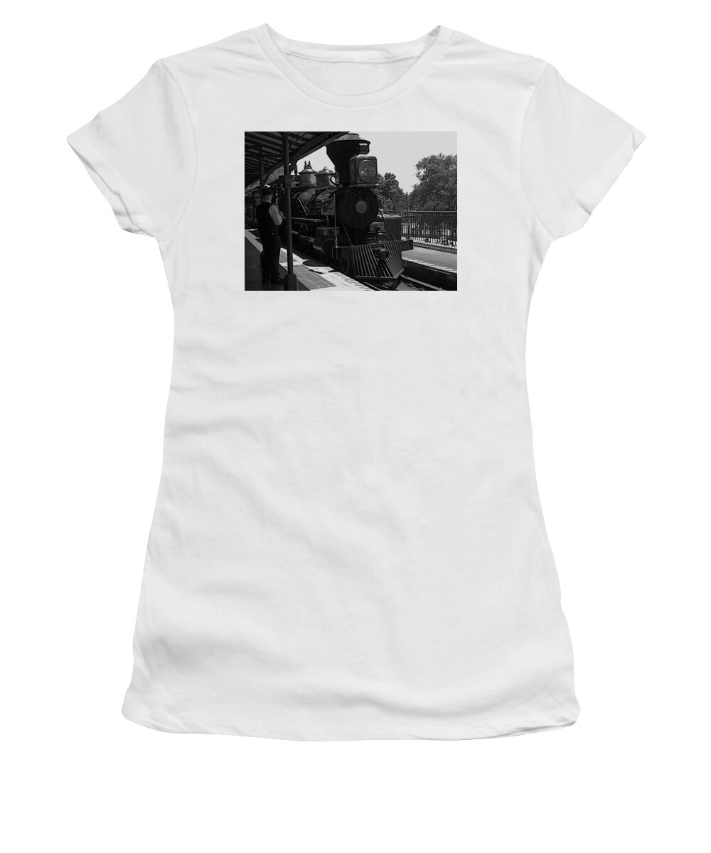 Black And White Women's T-Shirt featuring the photograph Train Ride Magic Kingdom Black and White MP by Thomas Woolworth