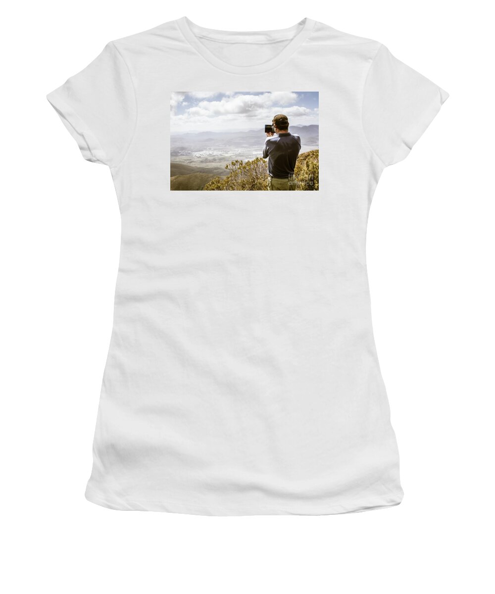 Technology Women's T-Shirt featuring the photograph Travel and technology man by Jorgo Photography
