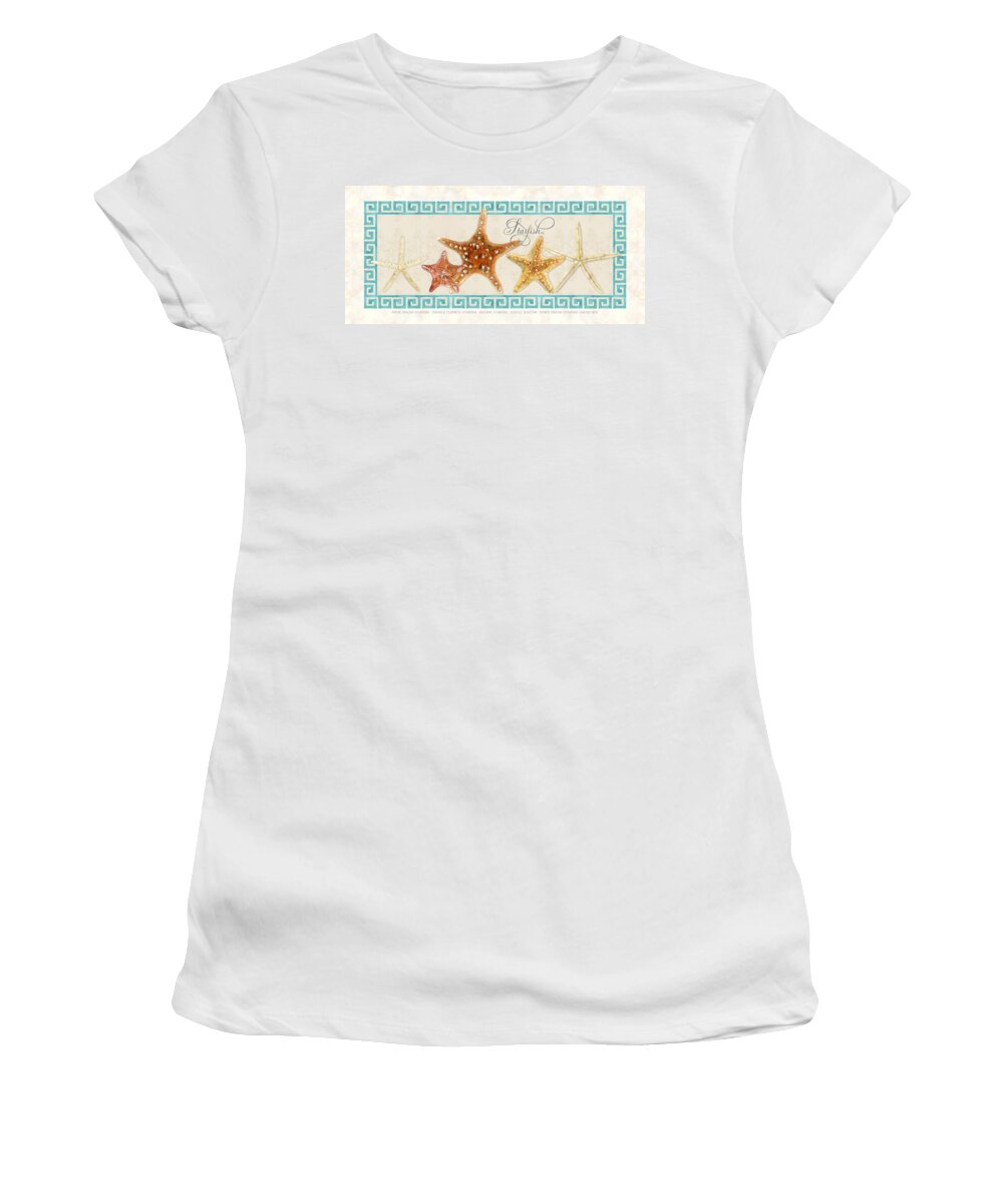 Orange Cushion Starfish Women's T-Shirt featuring the painting Treasures From the Sea - The Chorus Line by Audrey Jeanne Roberts