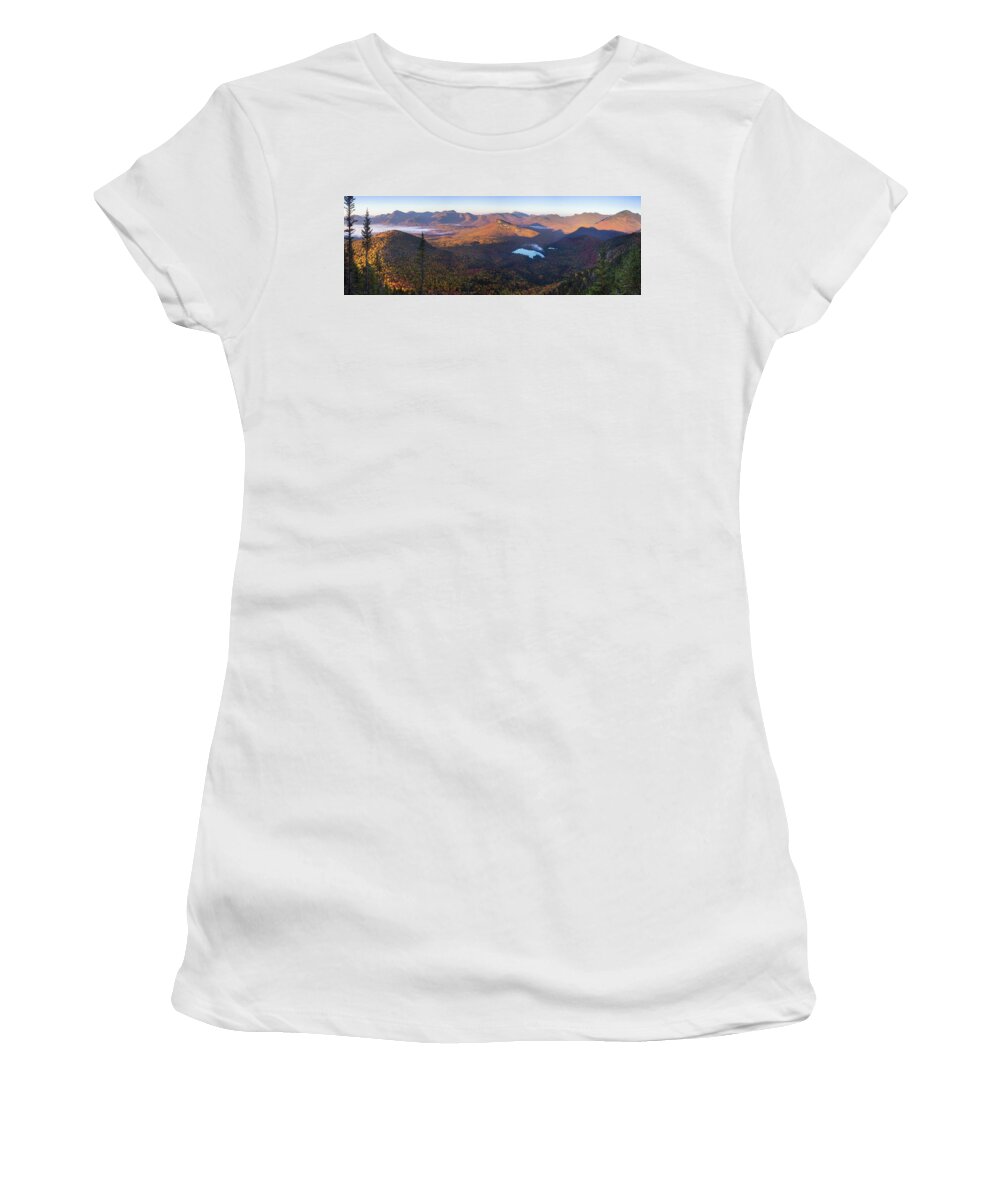 Tremont Women's T-Shirt featuring the photograph Tremont Autumn Morning Panorama by White Mountain Images
