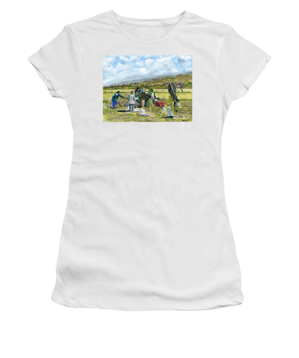 Indonesia Women's T-Shirt featuring the painting Treshing Rice by Melly Terpening