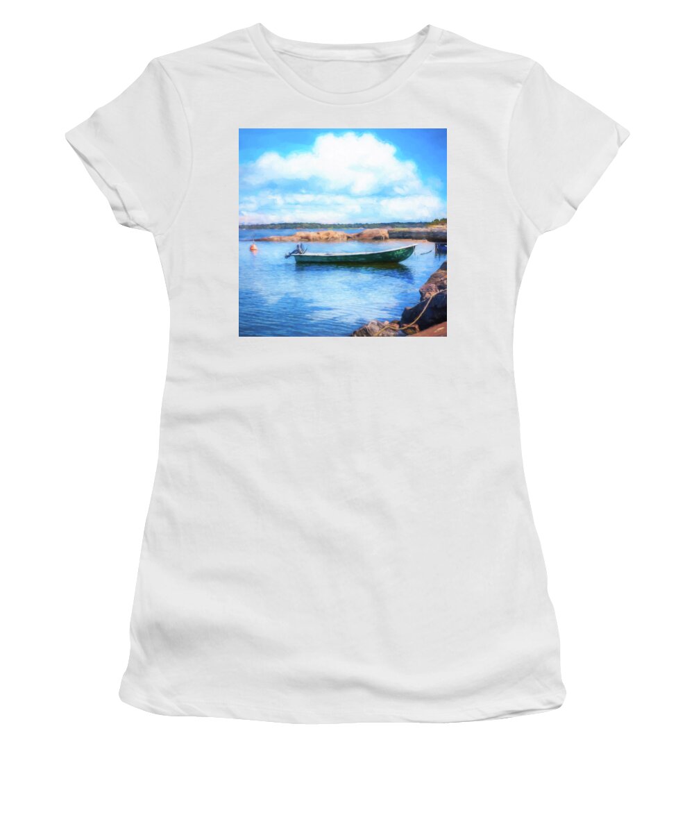 Boats Women's T-Shirt featuring the photograph Tucked in the Harbor Watercolor Painting by Debra and Dave Vanderlaan