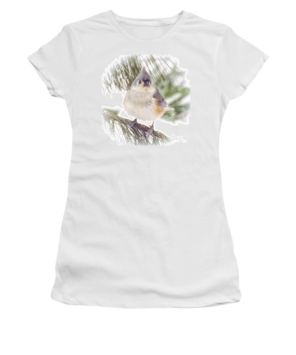 Tufted Titmouse Women's T-Shirt featuring the photograph Tufted Titmouse Snow Face by Kerri Farley