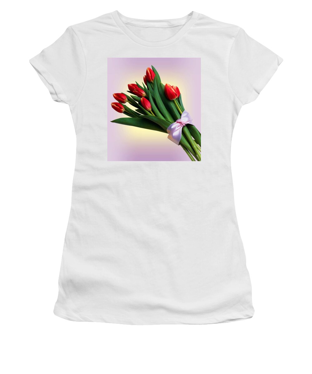 Tulip Women's T-Shirt featuring the mixed media Tulip Bouquet with Ribbon by Movie Poster Prints