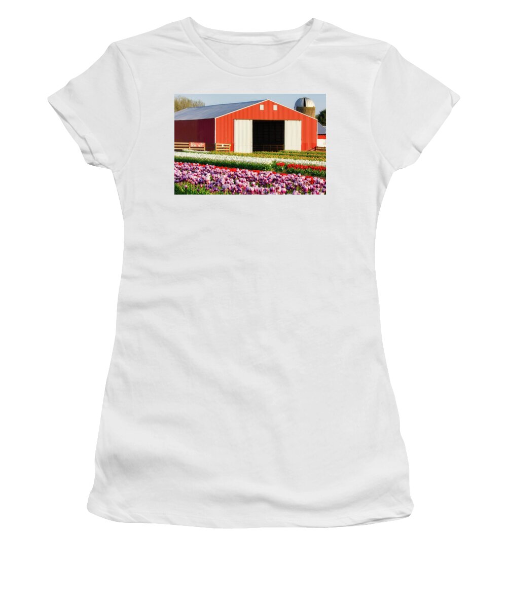 Barn Women's T-Shirt featuring the photograph Tulip Field and Red Barn by Jerry Fornarotto