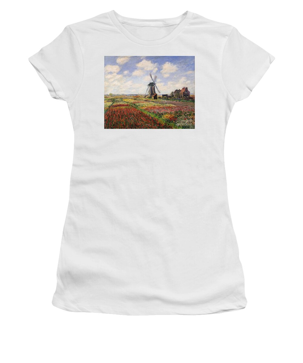 #faatoppicks Women's T-Shirt featuring the painting Tulip Fields with the Rijnsburg Windmill by Claude Monet