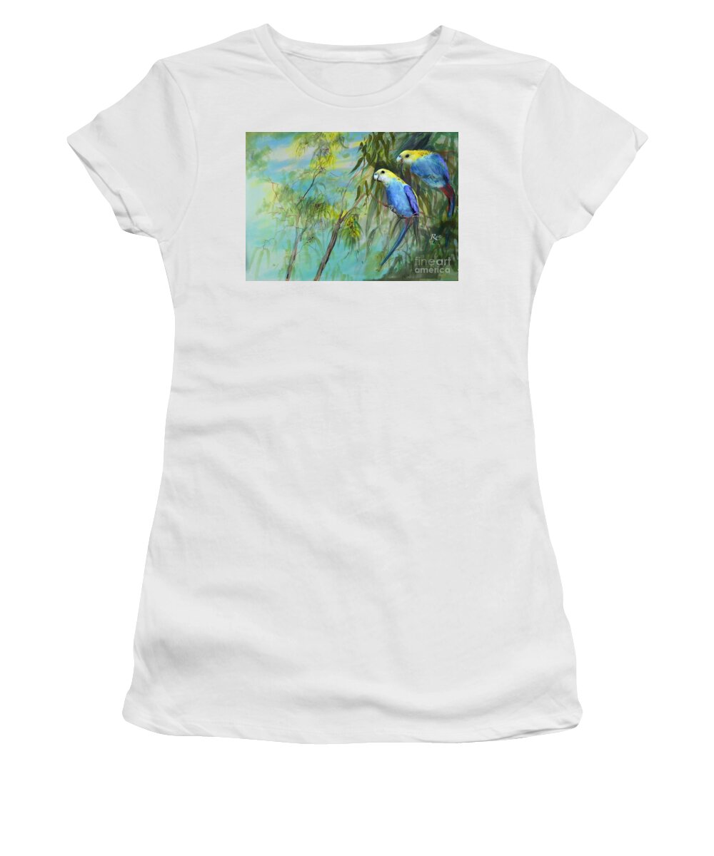 Rosella Women's T-Shirt featuring the painting Two pale-faced rosellas by Ryn Shell
