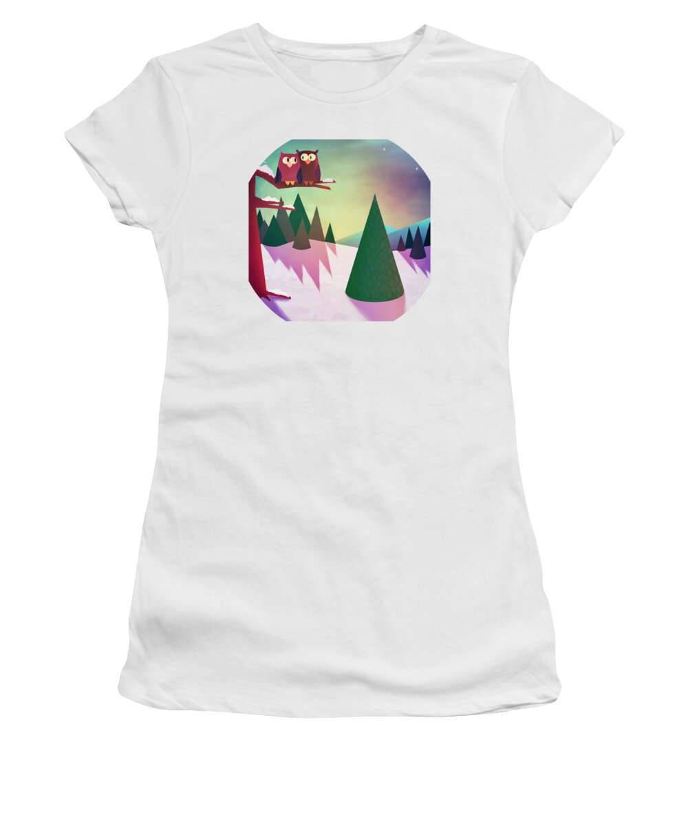Winter Women's T-Shirt featuring the painting Twilight In The Woods by Little Bunny Sunshine