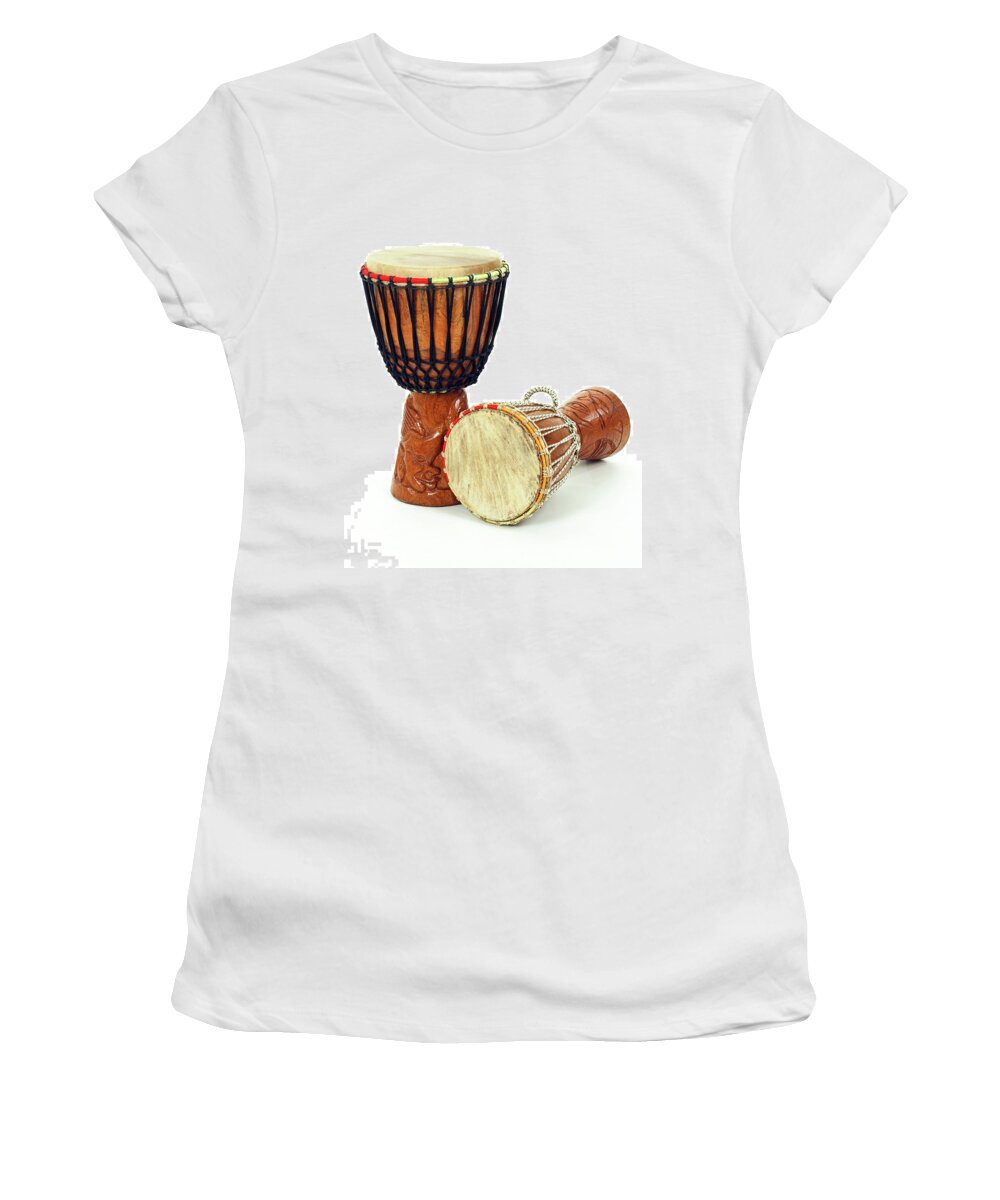 Djembe Women's T-Shirt featuring the photograph Two African djembe drums by GoodMood Art