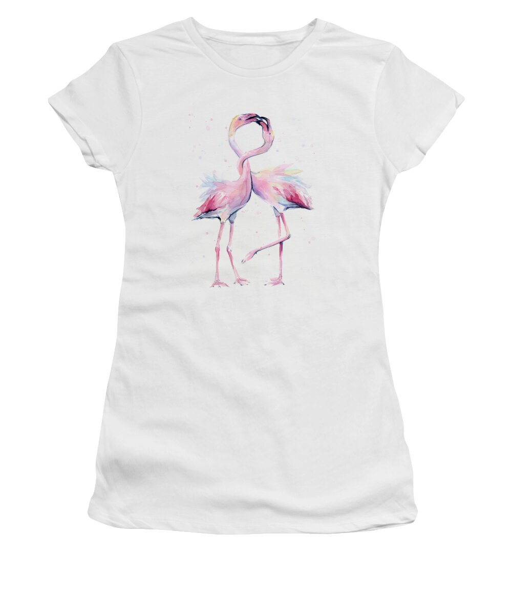Flamingos Women's T-Shirt featuring the painting Two Flamingos Watercolor Famingo Love by Olga Shvartsur