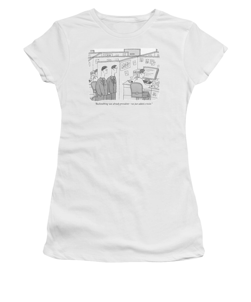 backstabbing Was Already Prevalentwe Just Added A Twist. Women's T-Shirt featuring the drawing Two Men Look At A Man In A Cubicle by Peter C Vey