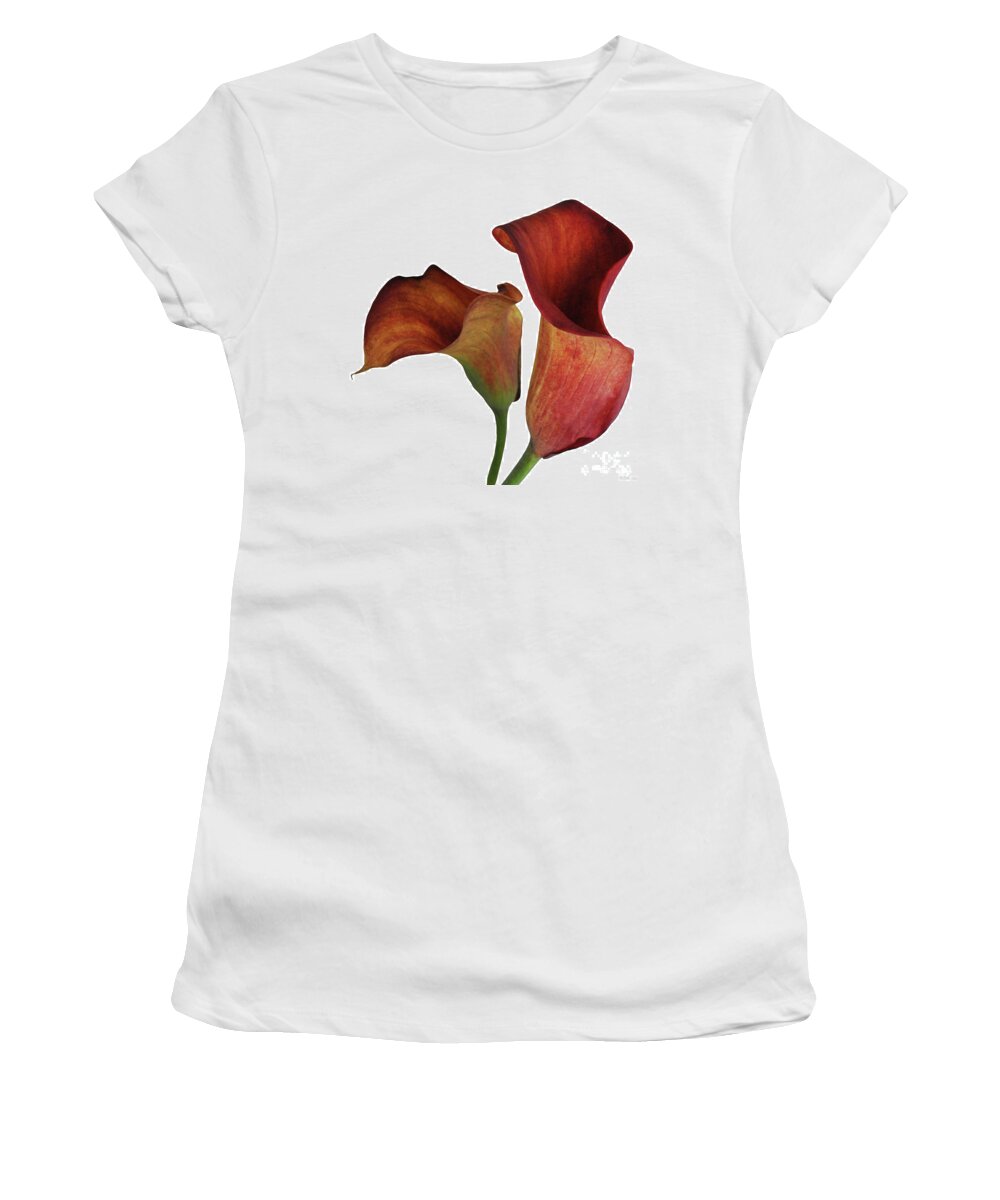 Rust Women's T-Shirt featuring the photograph Two Rust Calla Lilies Square by Heather Kirk