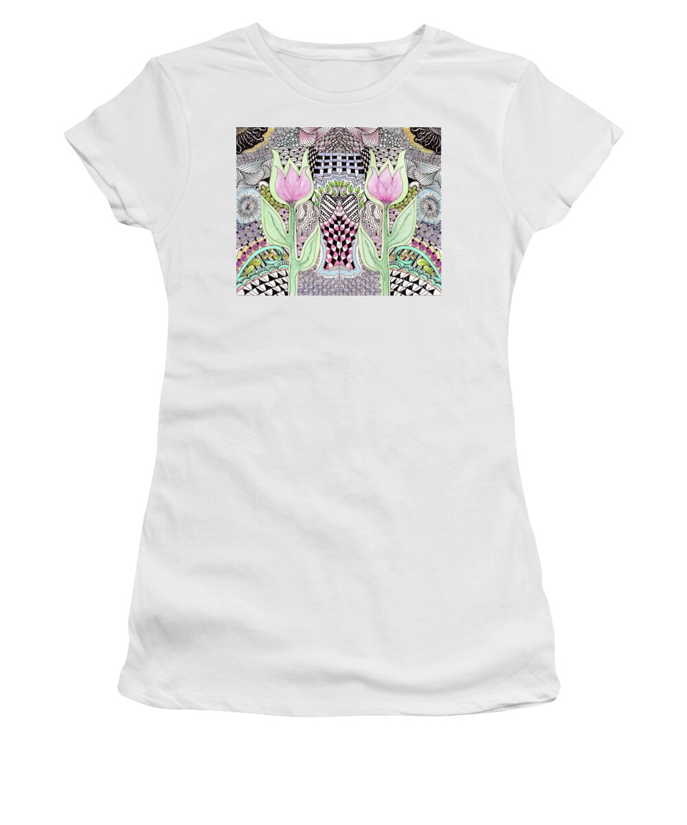 Tulips Flowers Watercolors Pen And Ink Zentangle Designs Women's T-Shirt featuring the painting Two Tulips by Ruth Dailey